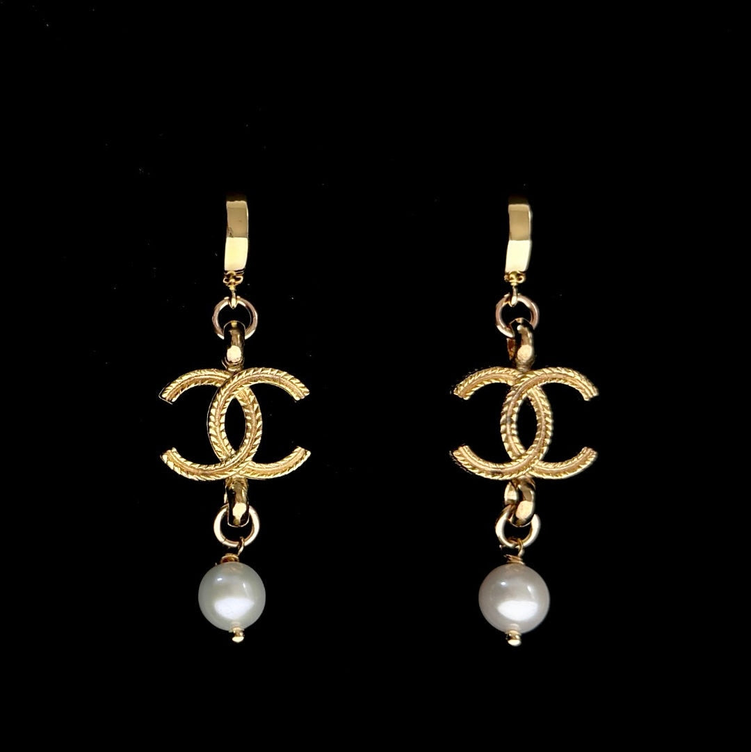 Gold Logo Earrings with Pearl Drop