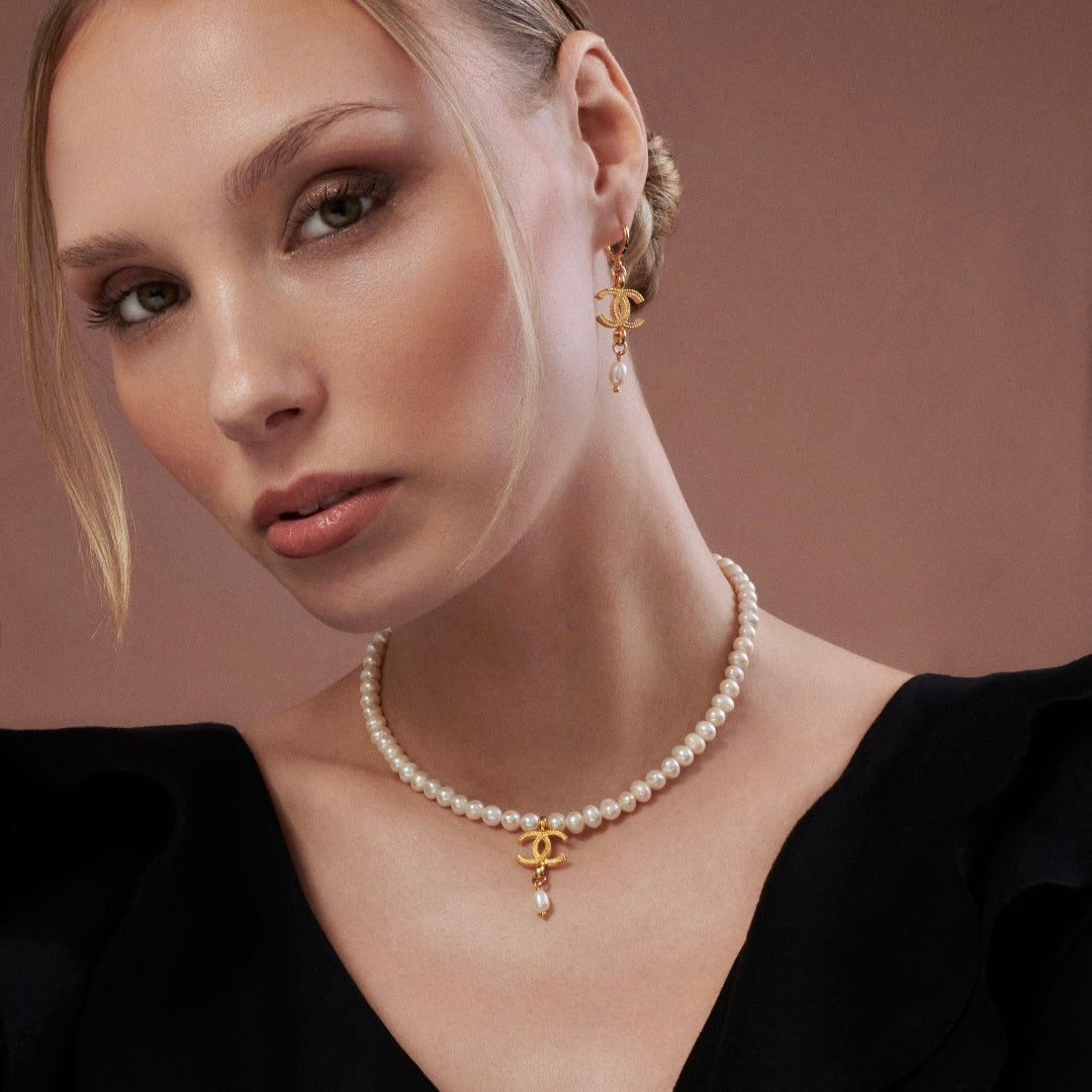 Gold Logo Earrings with Pearl Drop