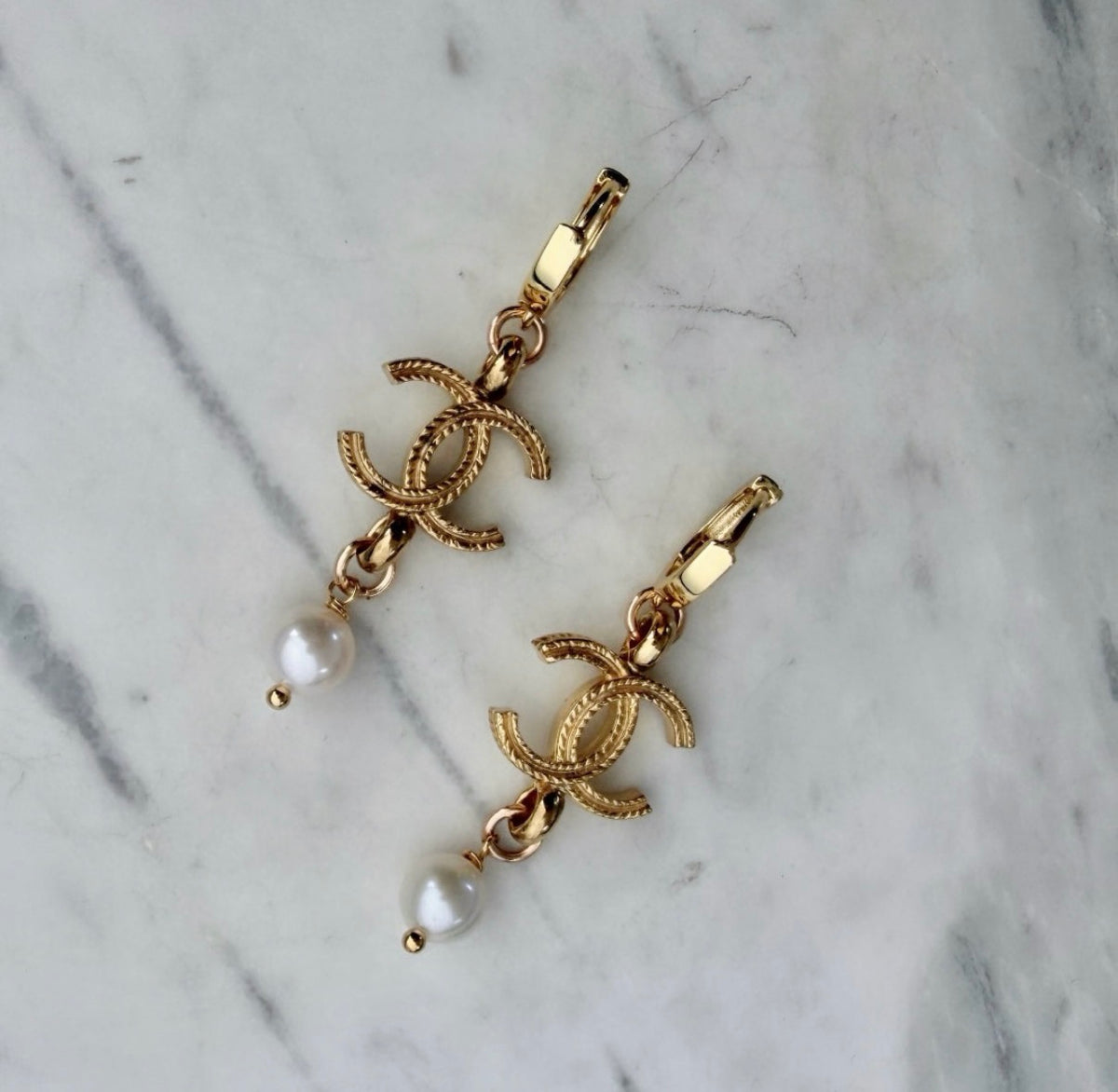 Gold Logo Earrings with Pearl Drop