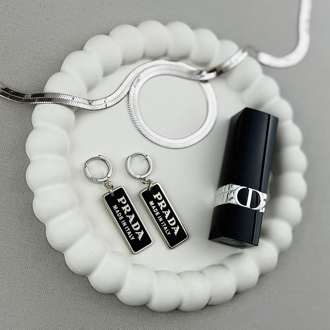 Small Black & Silver Rectangular Logo Earrings