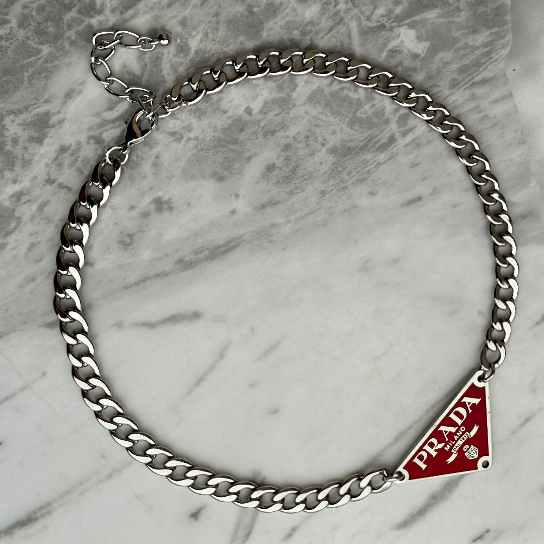 Large Red & Silver Triangular Logo Choker
