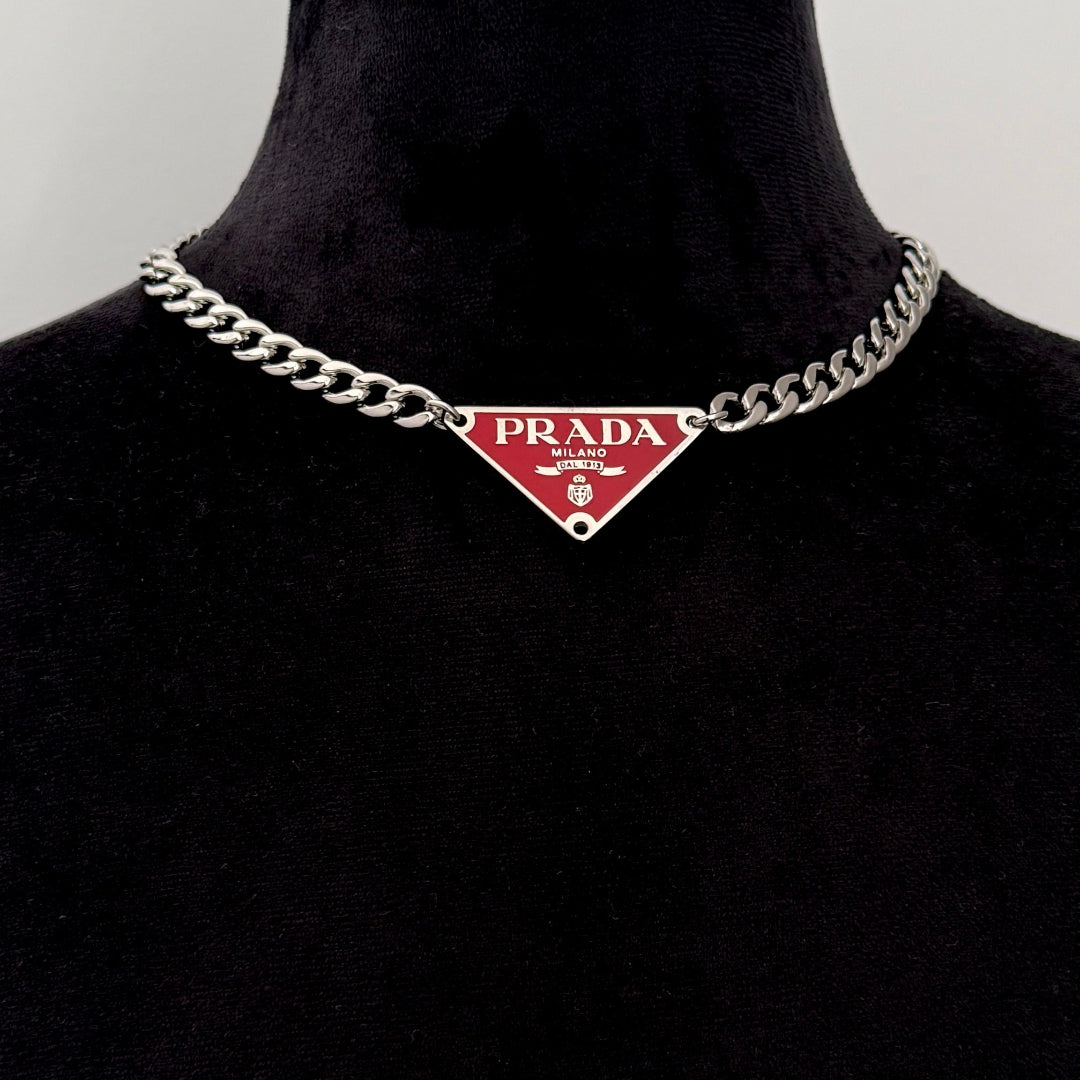 Large Red & Silver Triangular Logo Choker
