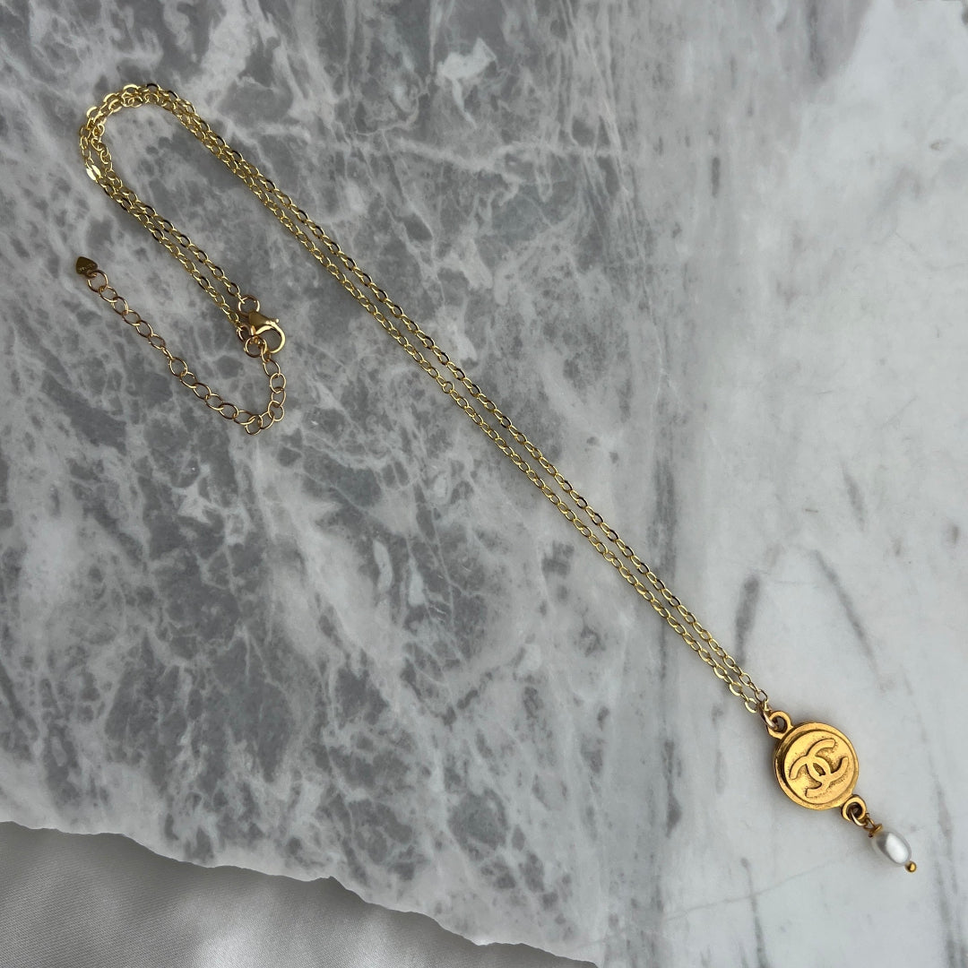Gold Medallion Necklace with Pearl Drop