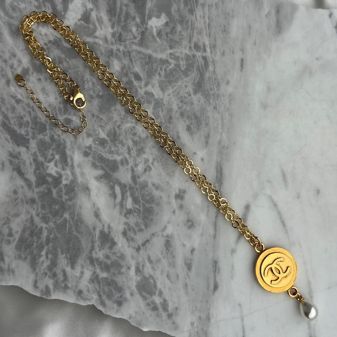 Large Gold Medallion Necklace with Pearl Drop