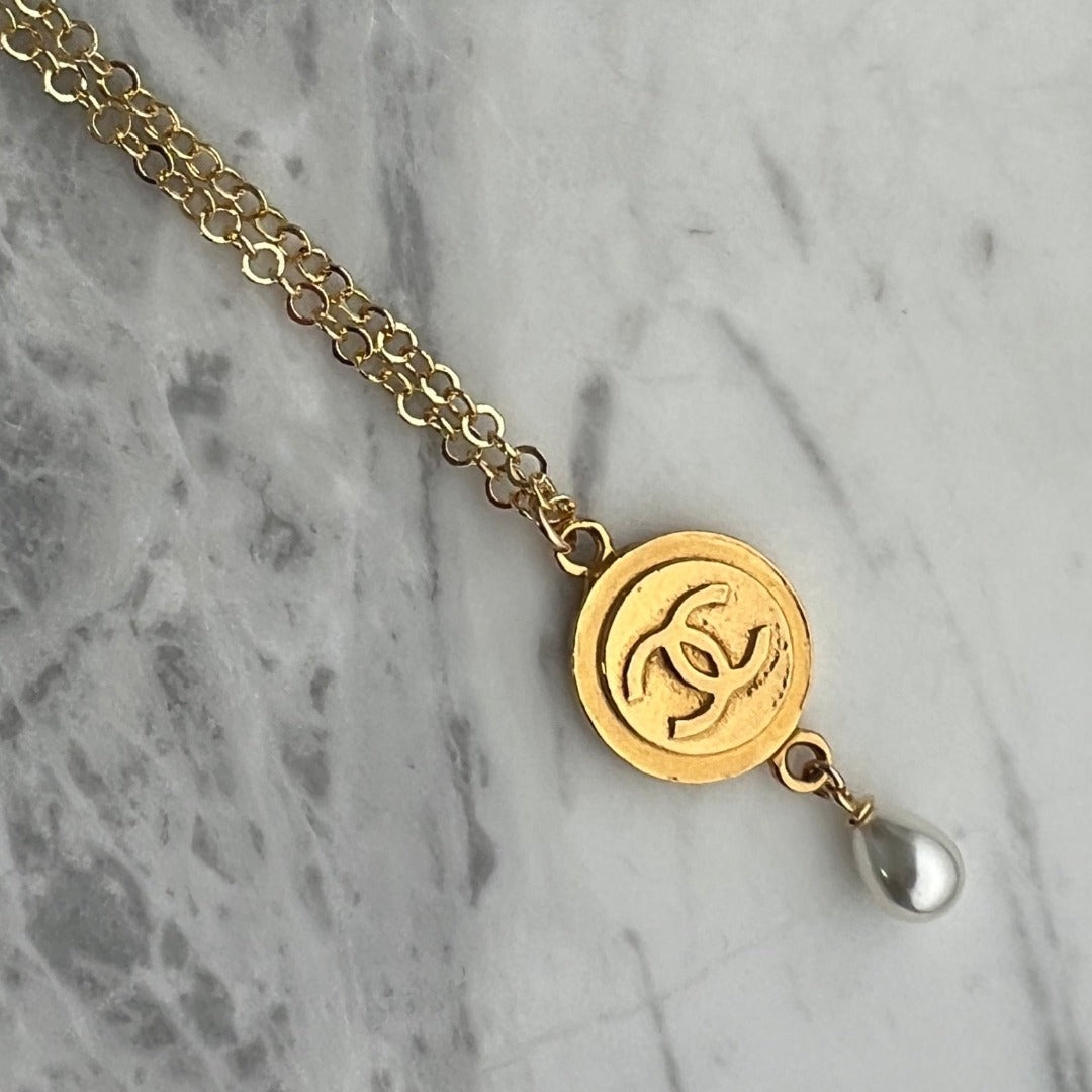 Large Gold Medallion Necklace with Pearl Drop