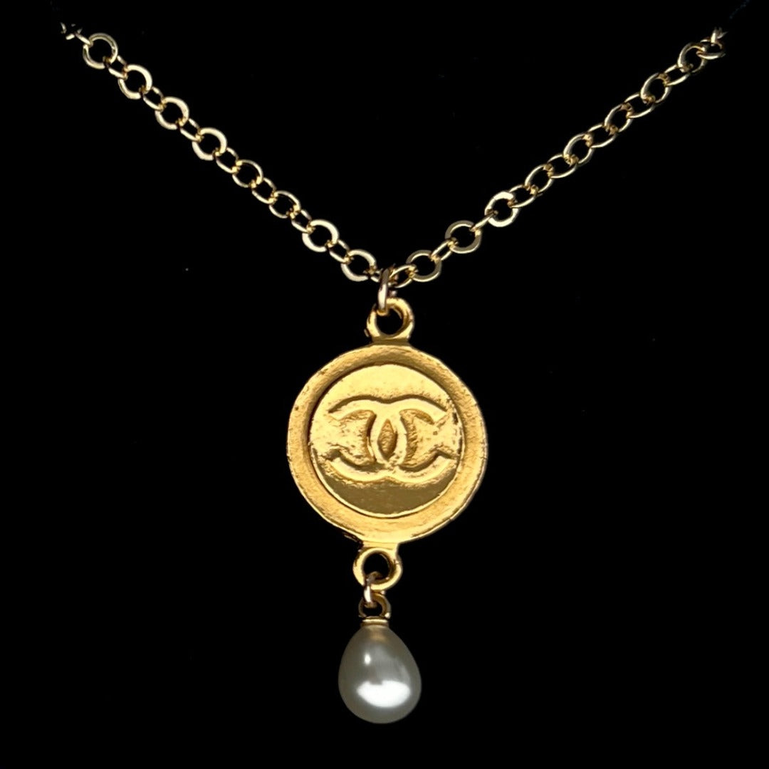 Large Gold Medallion Necklace with Pearl Drop