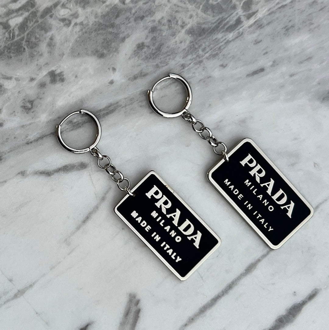 Large Black & Silver Rectangular Logo Earrings