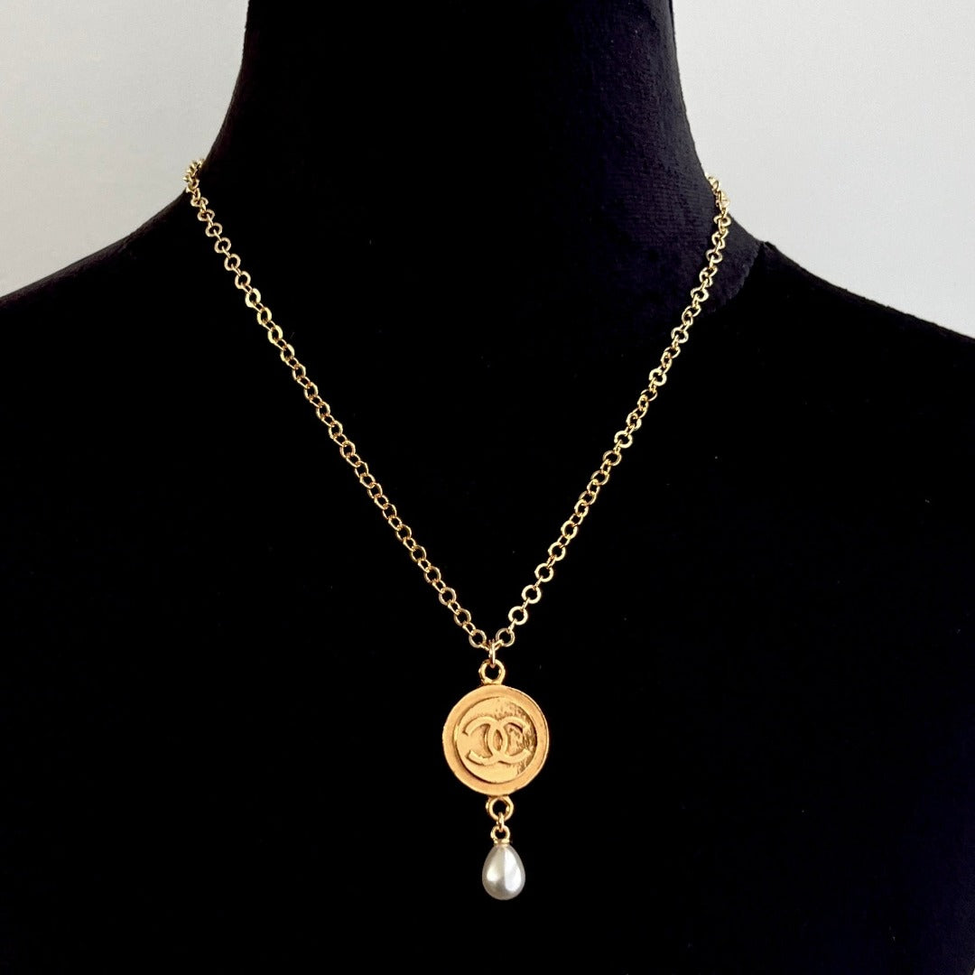 Large Gold Medallion Necklace with Pearl Drop
