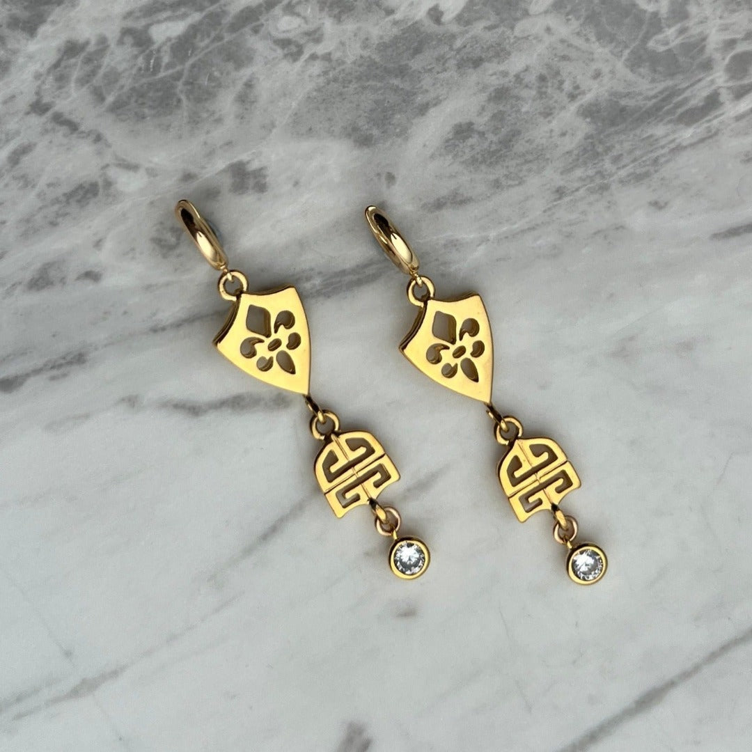 Statement Gold Logo Earrings with Crystal Drop