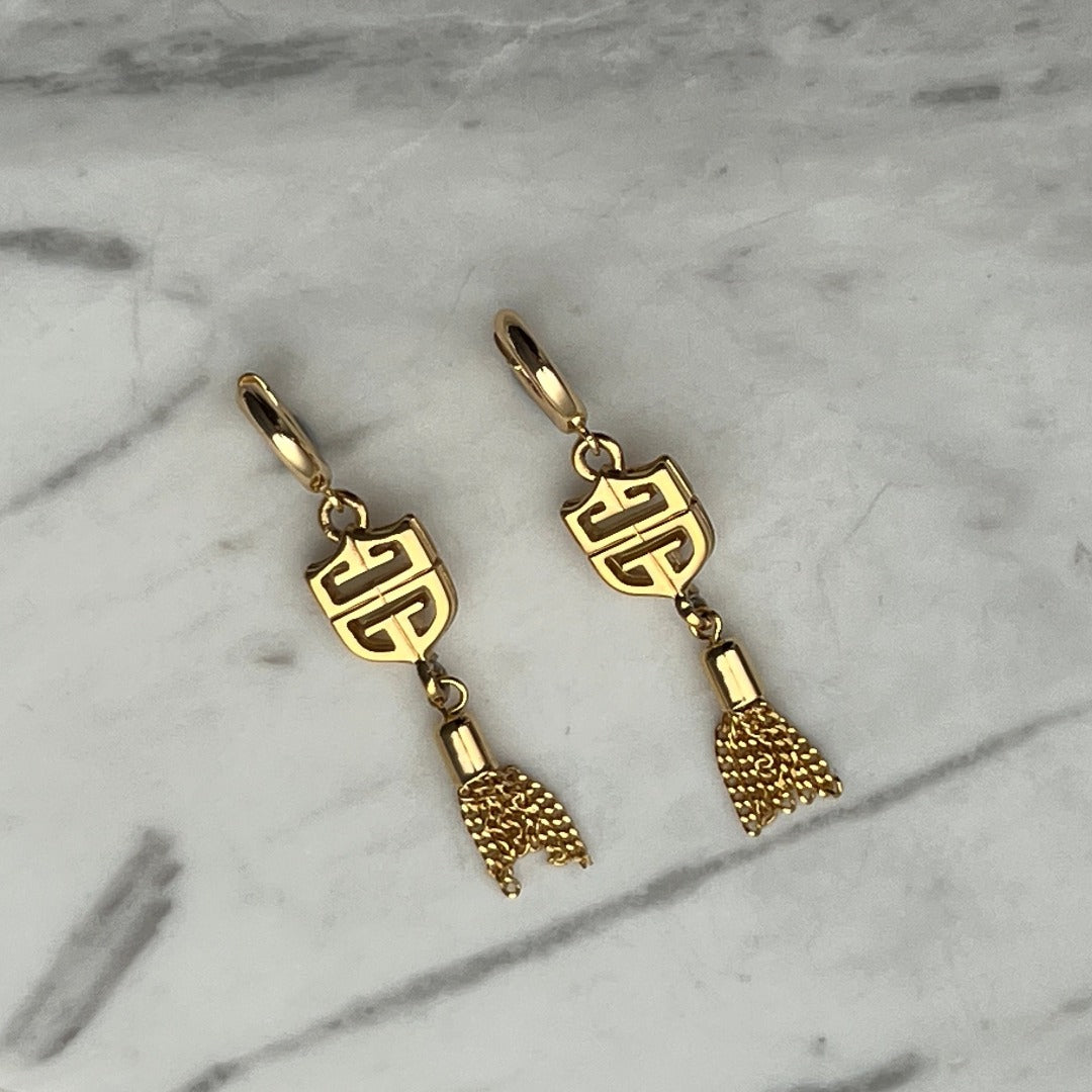 Gold Mirrored Logo with Tassel Earrings