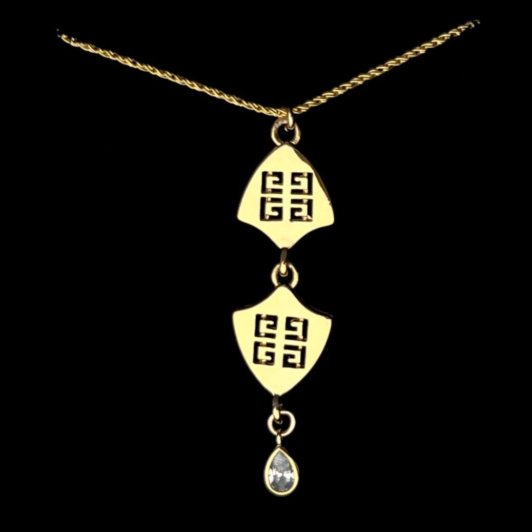 Statement Gold Double Logo Necklace with Crystal Drop