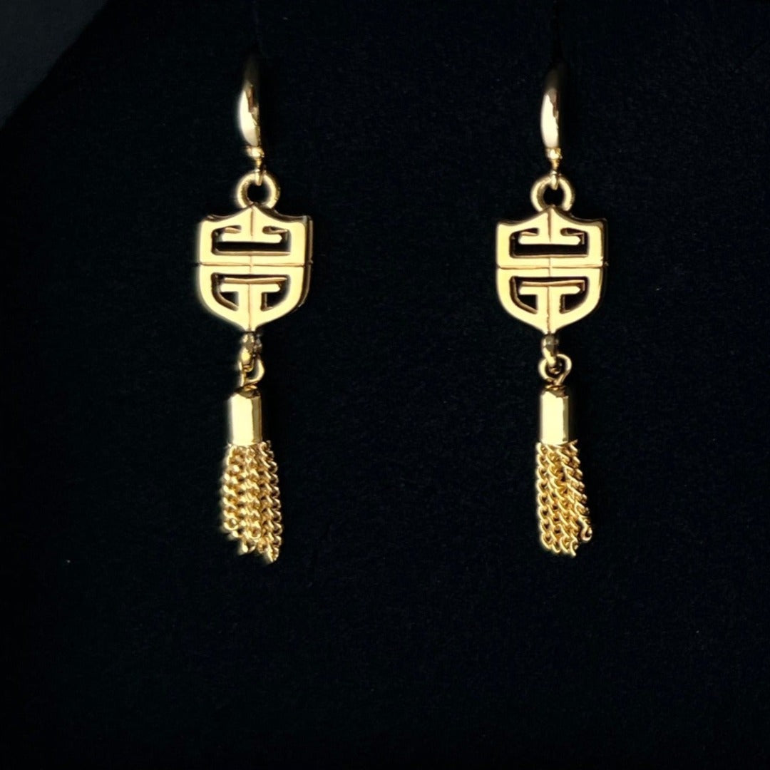 Gold Mirrored Logo with Tassel Earrings