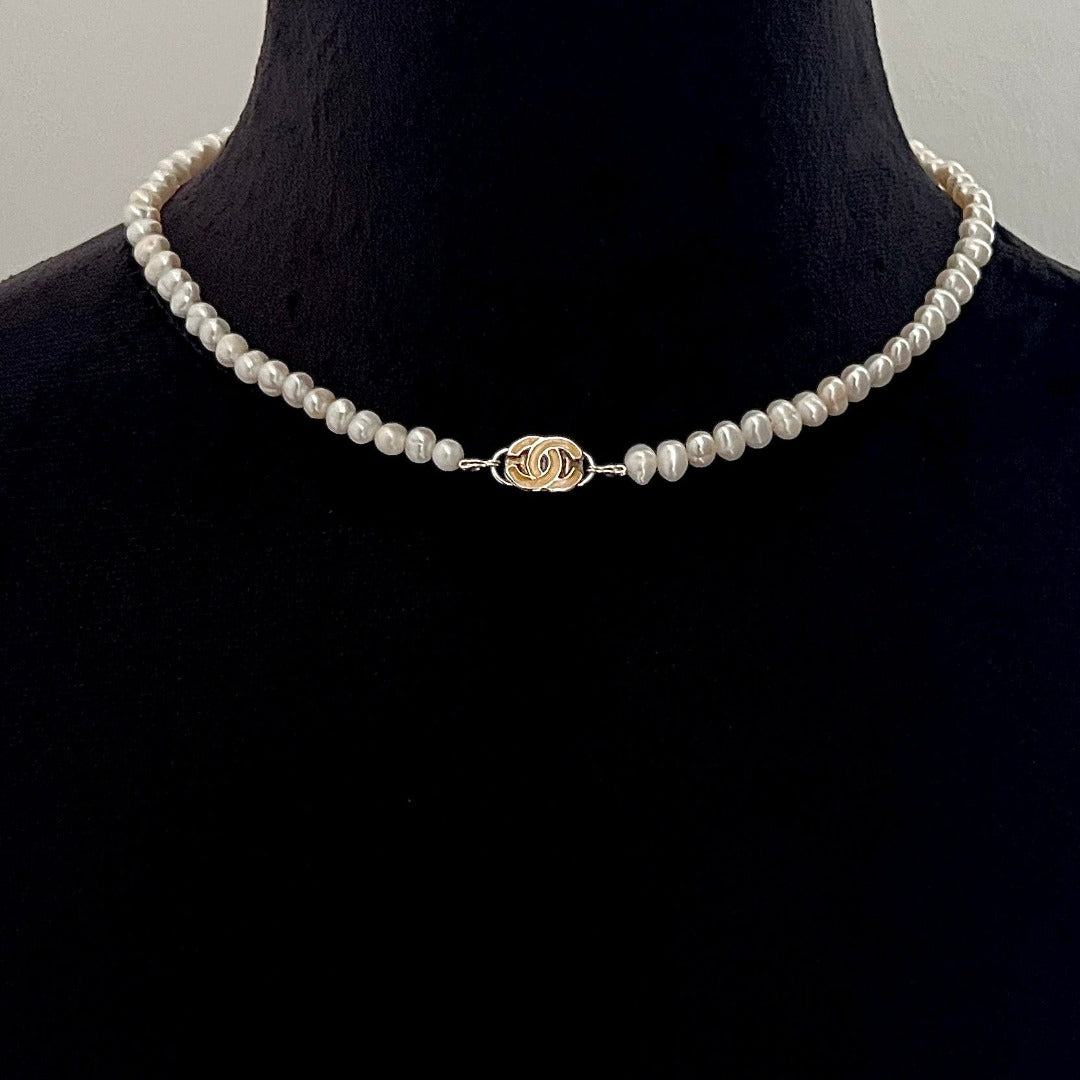 Silver & Enamel Logo Pearl Choker