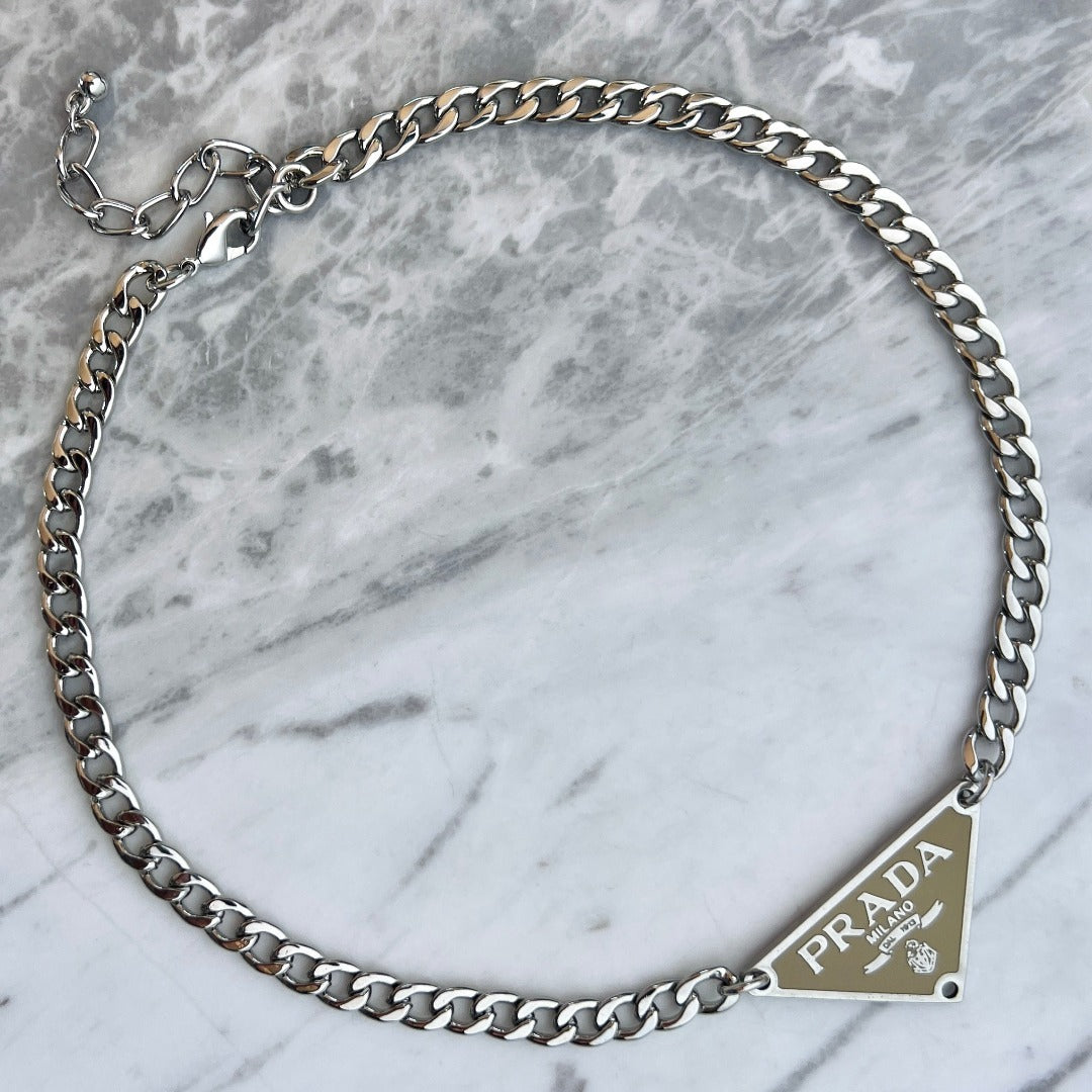 Beige & Silver Triangular Logo Choker