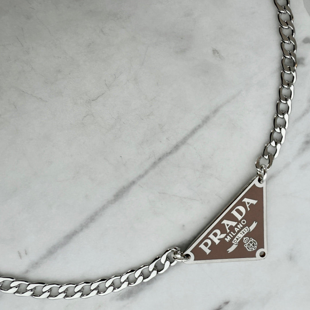 Small Tan & Silver Triangular Logo Choker