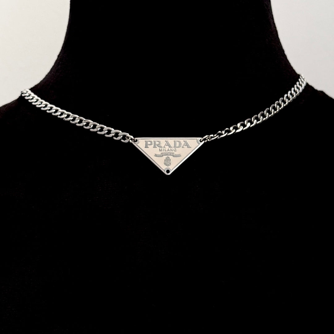 Small Cream & Silver Triangular Logo Choker