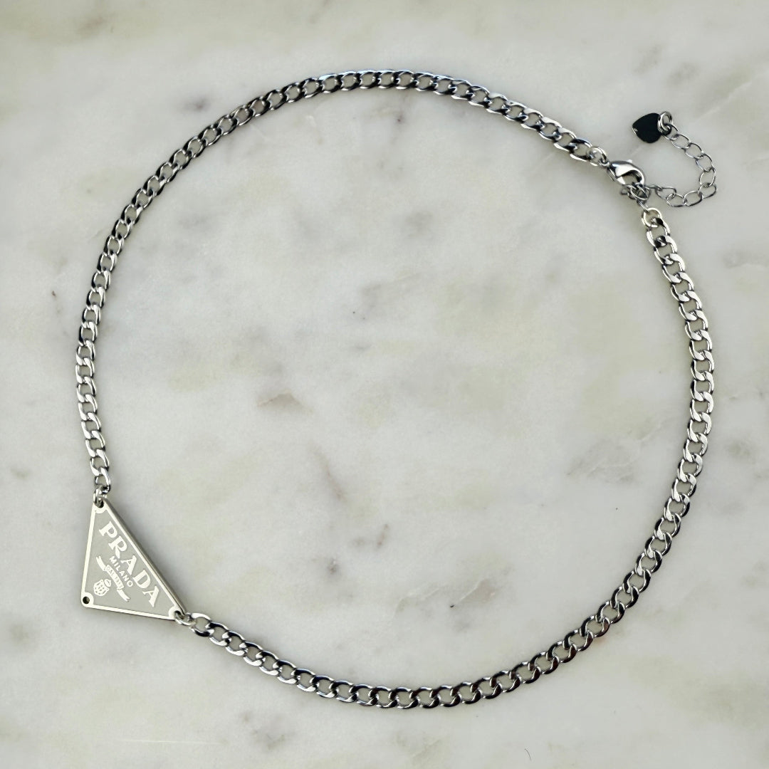 Small Cream & Silver Triangular Logo Choker