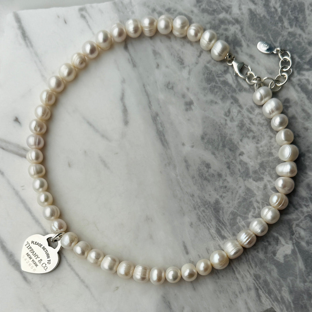 Large Silver Heart Charm Pearl Choker