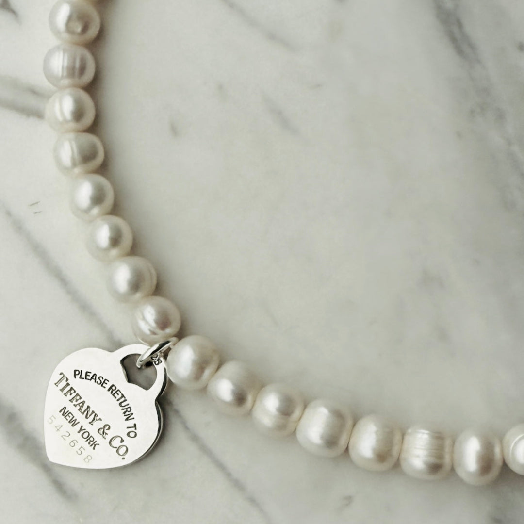 Large Silver Heart Charm Pearl Choker
