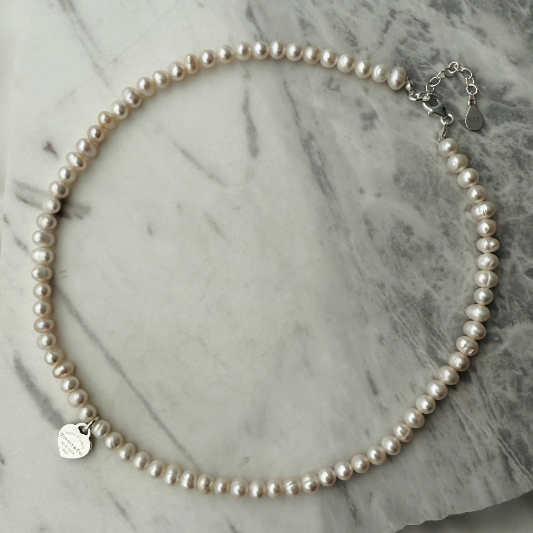 Mini Silver Heart Charm Pearl Choker