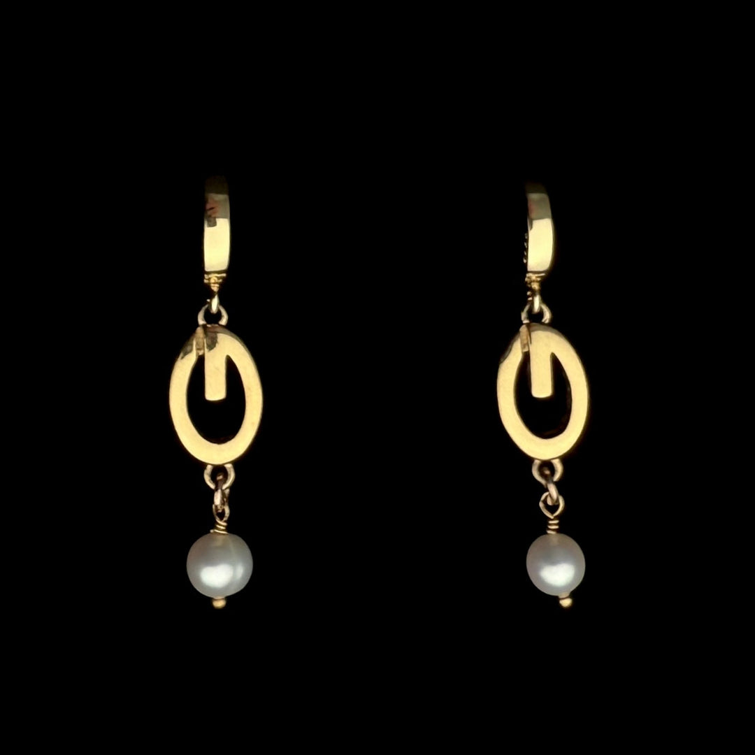Gold Logo Earrings with Pearl Drop