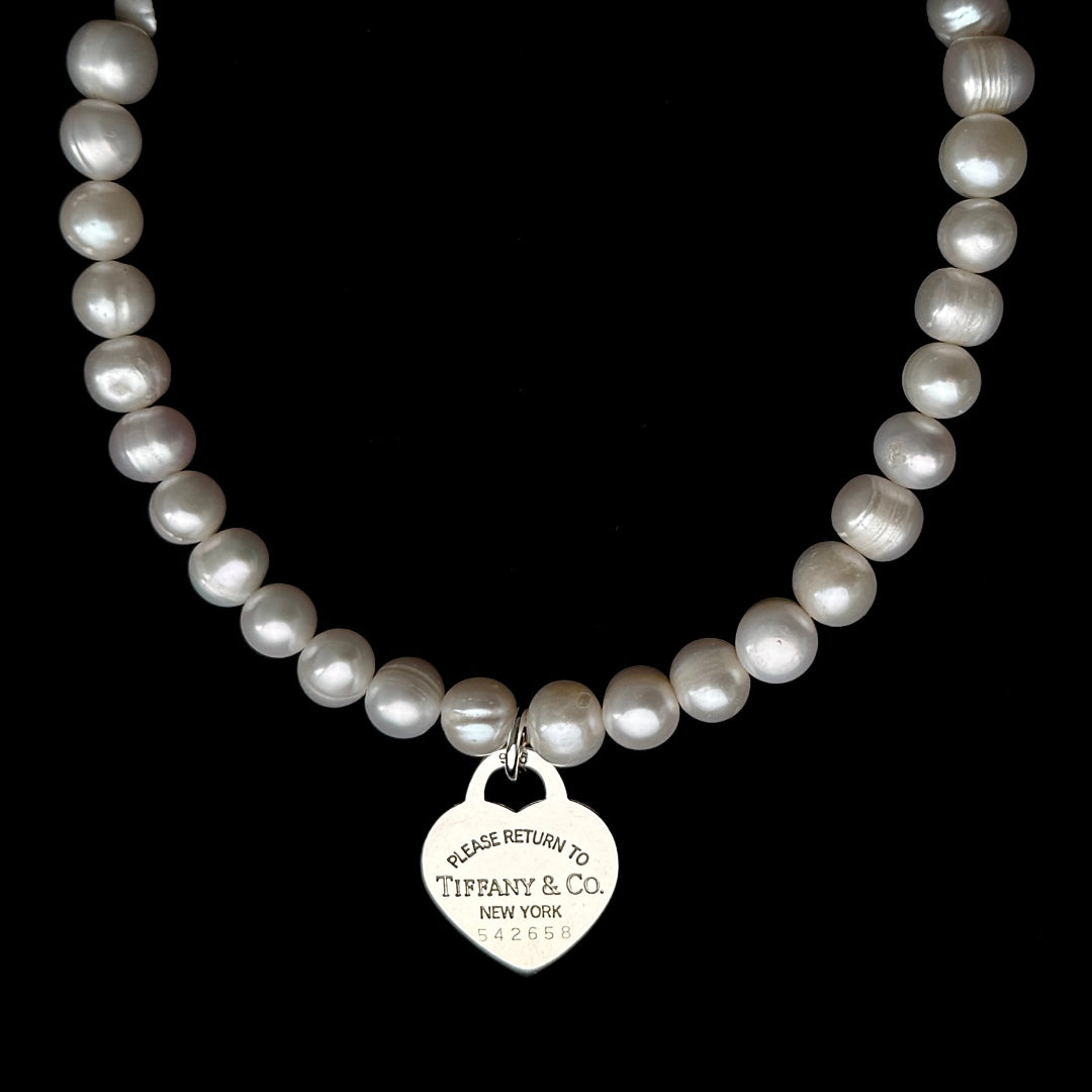 Large Silver Heart Charm Pearl Choker