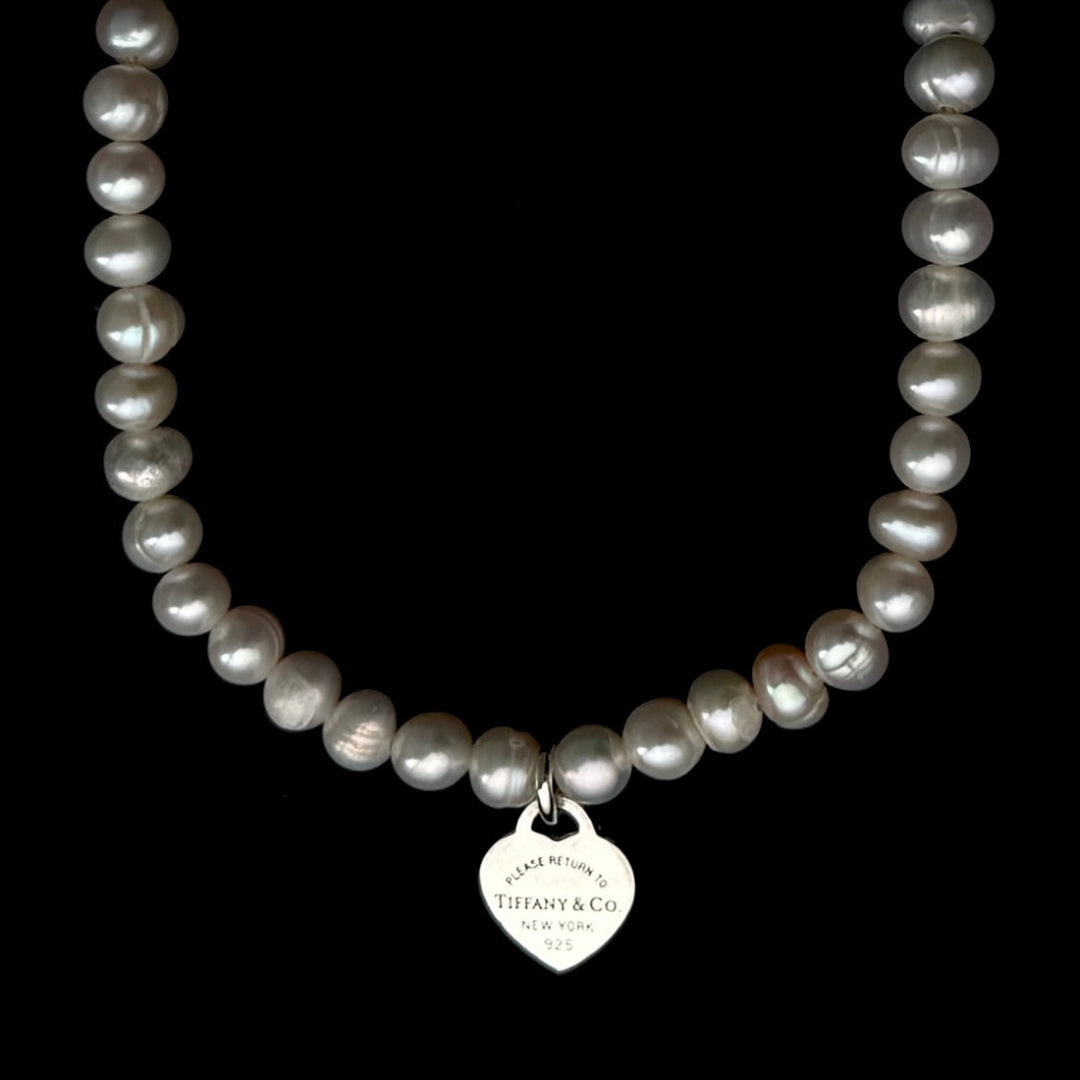 Mini Silver Heart Charm Pearl Choker