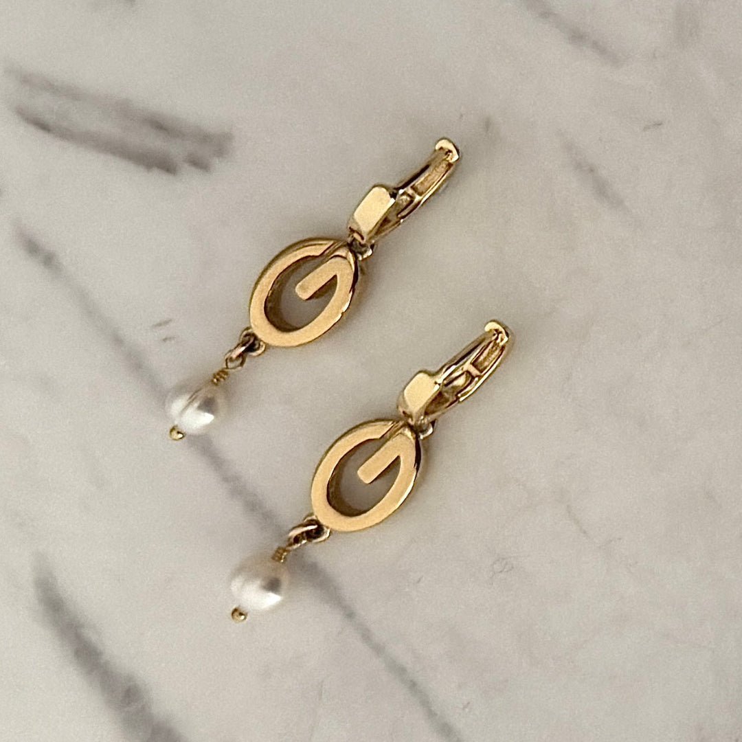 Gold Logo Earrings with Pearl Drop