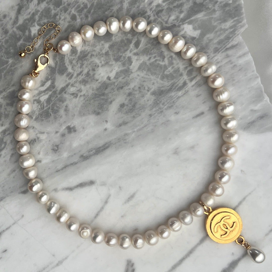 Large Gold Medallion Pearl Choker