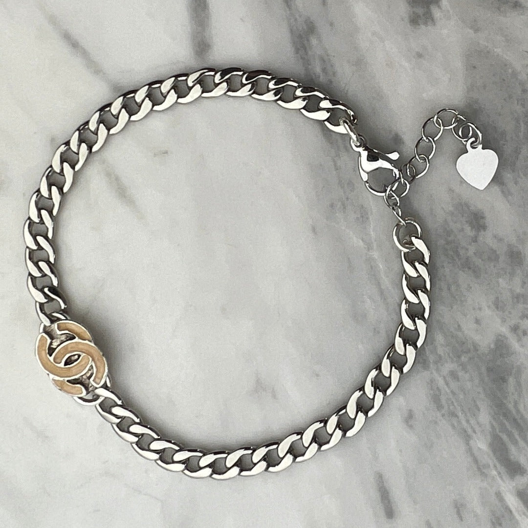 Silver Enamel Logo Cuban Bracelet