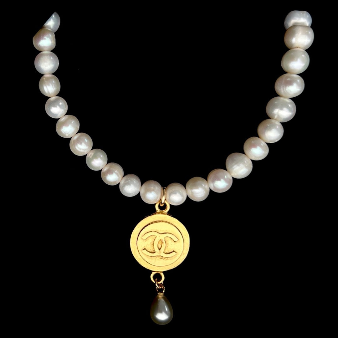 Large Gold Medallion Pearl Choker