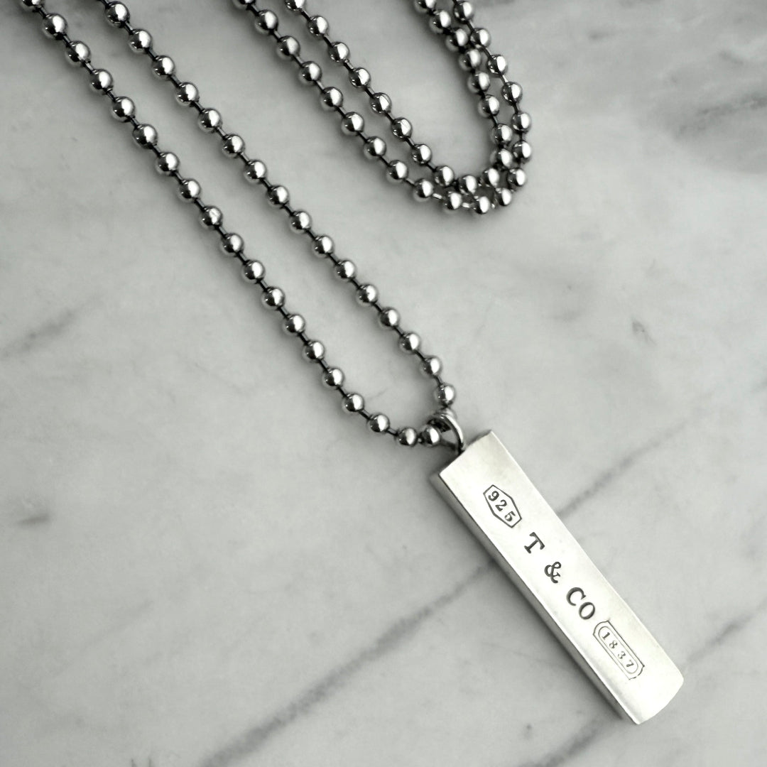 Silver Bar Necklace on Long Ball Chain