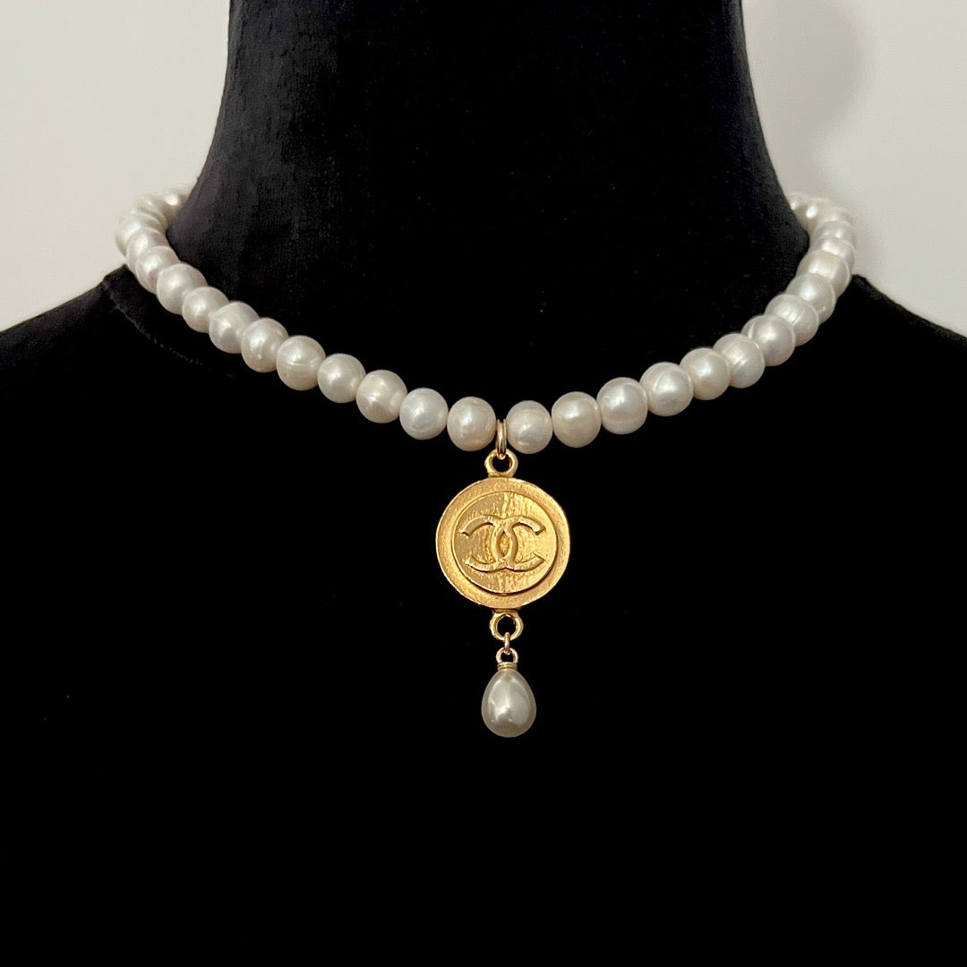 Large Gold Medallion Pearl Choker
