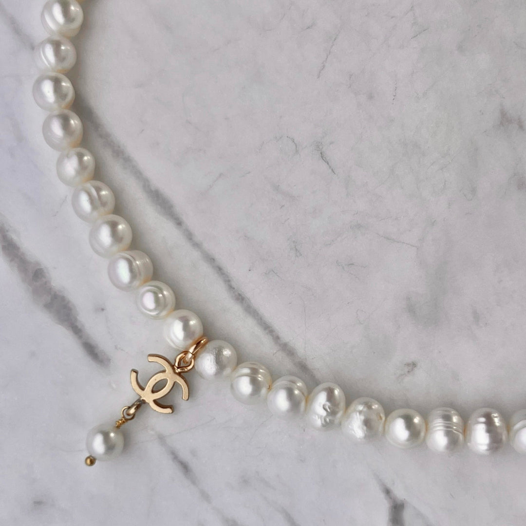 Small Light Gold Logo Pearl Choker