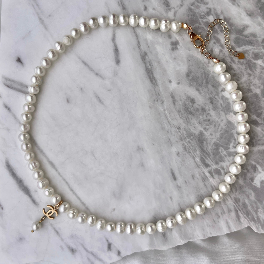 Small Light Gold Logo Pearl Choker