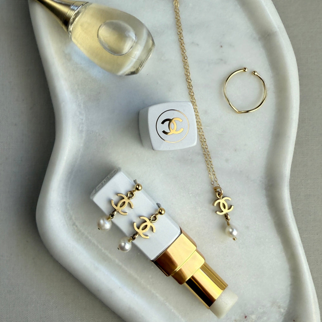 Small Light Gold Logo Necklace with Pearl Drop