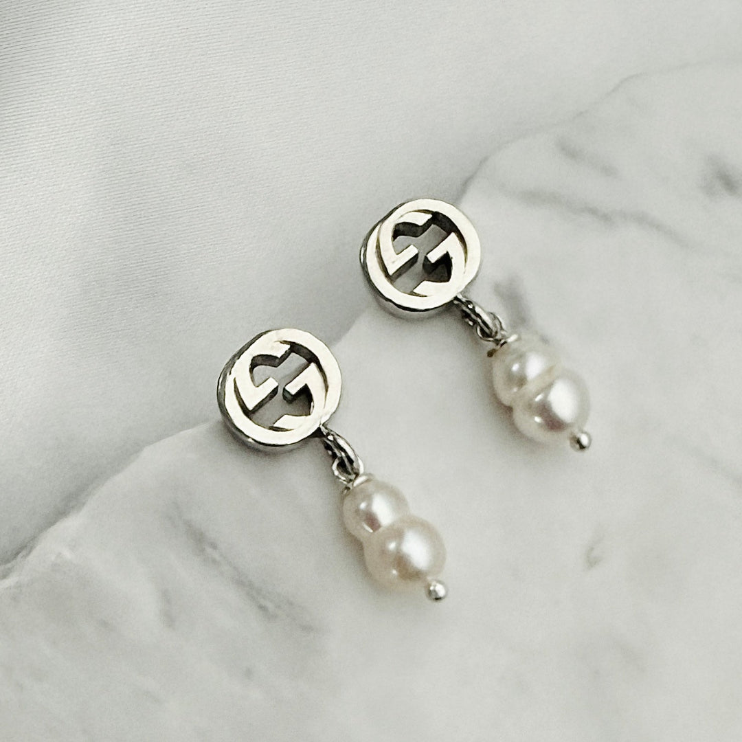 Sterling Silver Logo Earrings with Pearl Drop