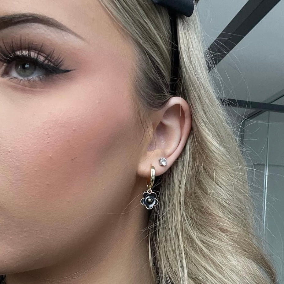 Gold Hoops with Black Flowers