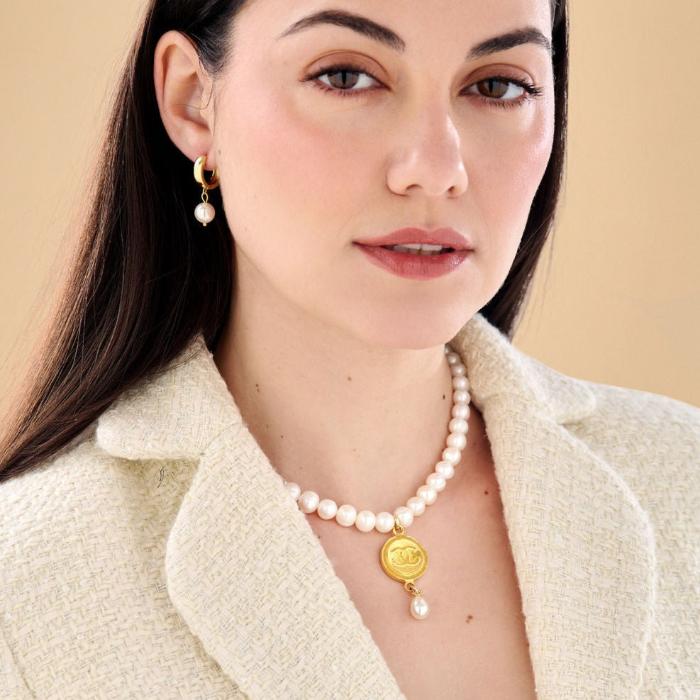 Large Gold Medallion Pearl Choker