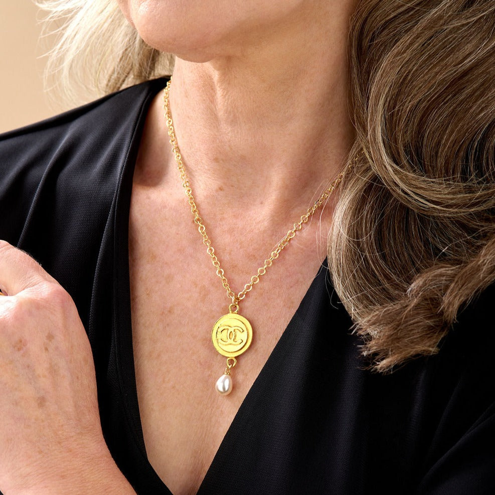 Large Gold Medallion Necklace with Pearl Drop