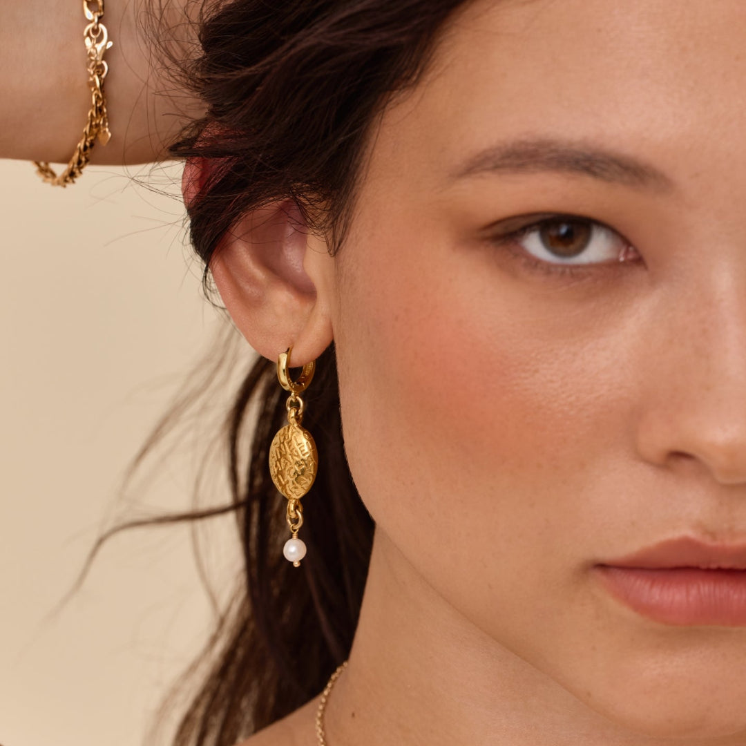 Gold Oval Printed Earrings with Pearl Drop