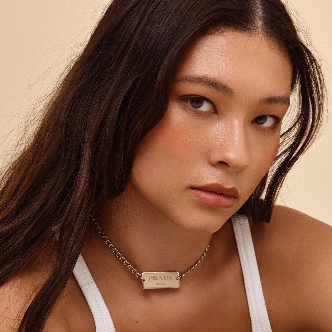 Beige & Silver Rectangular Logo Choker