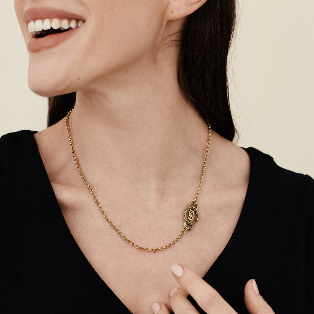 Asymmetrical Logo Necklace with Antique Gold Finish
