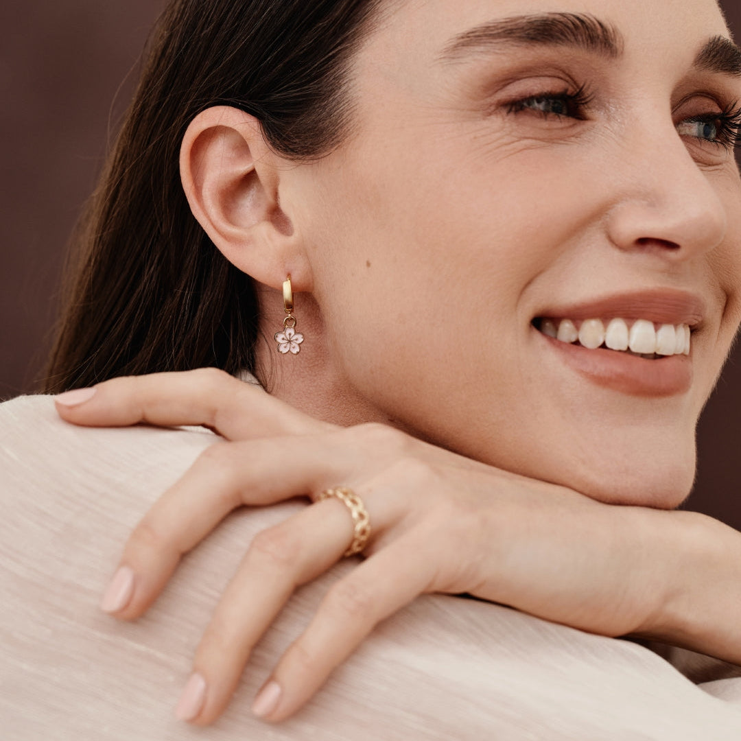 Gold Hoops with Pink Flowers