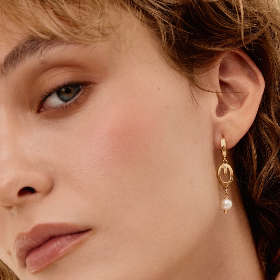 Gold Logo Earrings with Pearl Drop