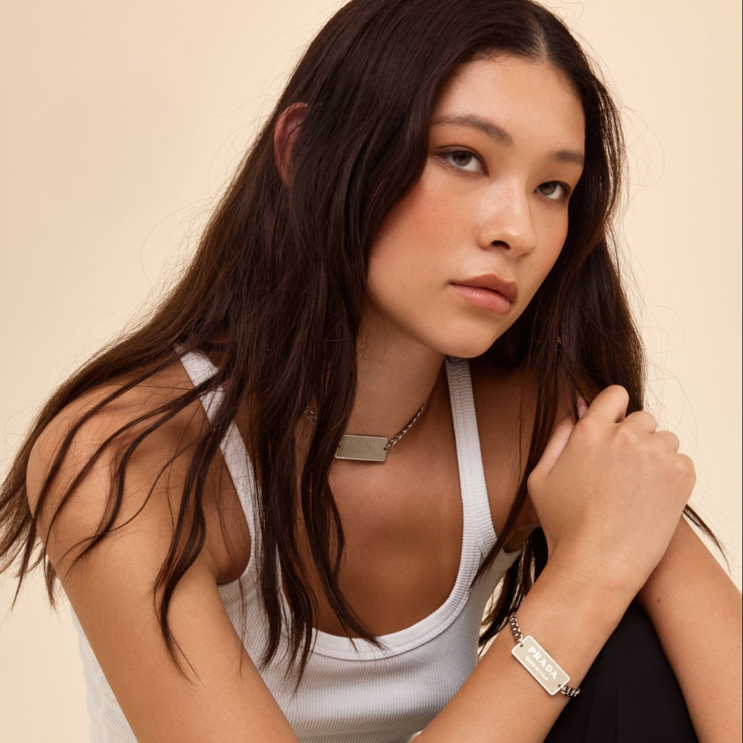 Beige & Silver Rectangular Logo Bracelet