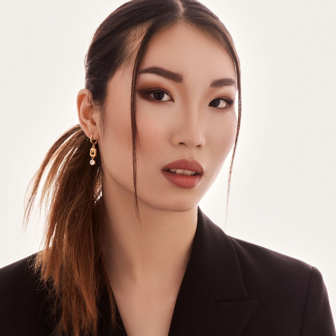 Gold Logo Earrings with Crystal Drop