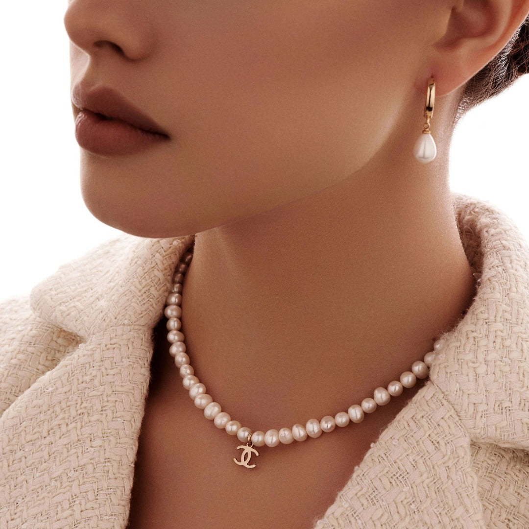 Pearl Choker with Mini Gold Logo Necklace