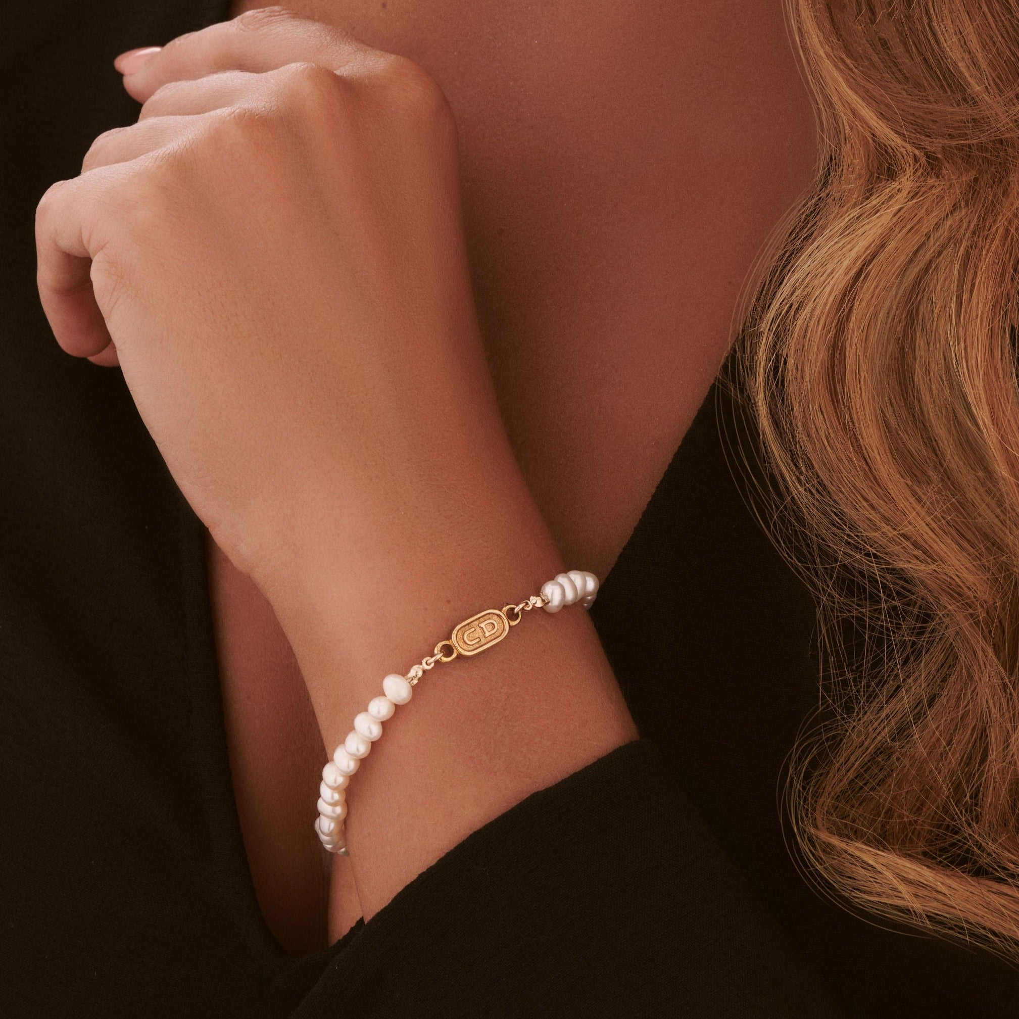 Small Stamped Gold Pearl Bracelet