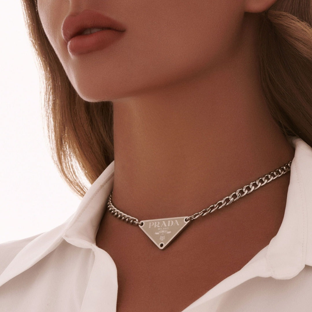Beige & Silver Triangular Logo Choker